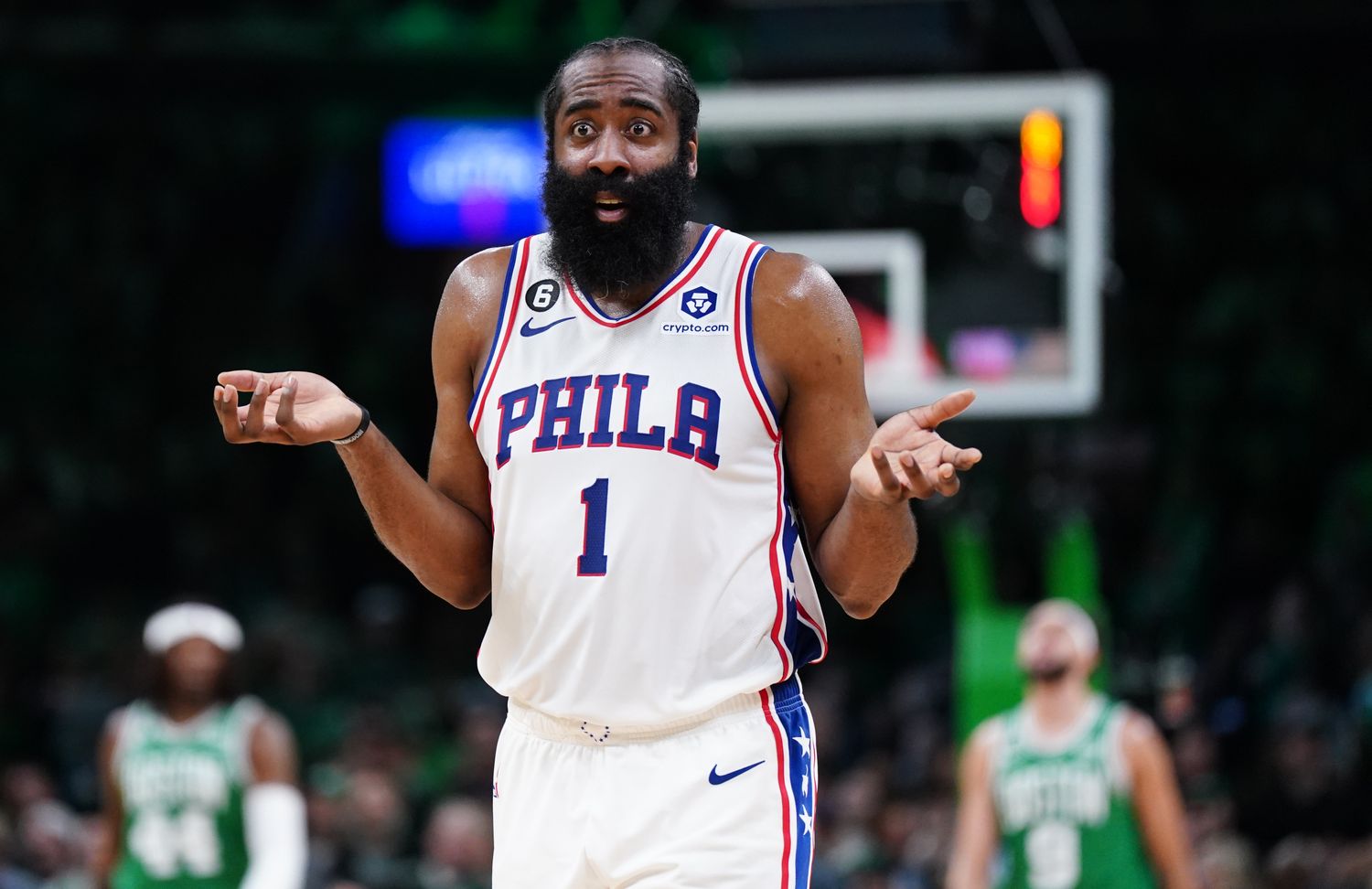 Philadelphia 76ers guard James Harden questions a foul call.